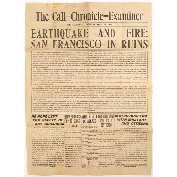 San Francisco Earthquake and Fire Newspaper April 19, 1906  [132098]