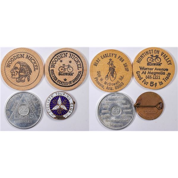 Cycling Related Wooden Nickels and Pin  [130127]