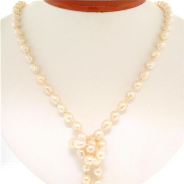 Estate 38" Long 6.5-7mm Natural Pearl Strand Lariat Necklace w/ Dual 14K Tassels