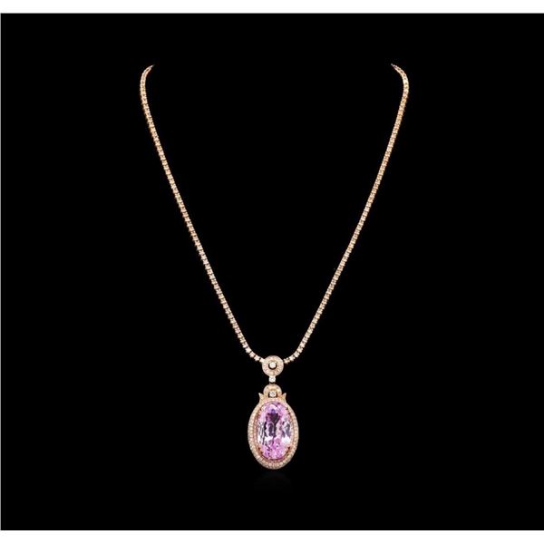 14KT Rose Gold 32.47 ctw GIA Certified Kunzite and Diamond Pendant With Chain