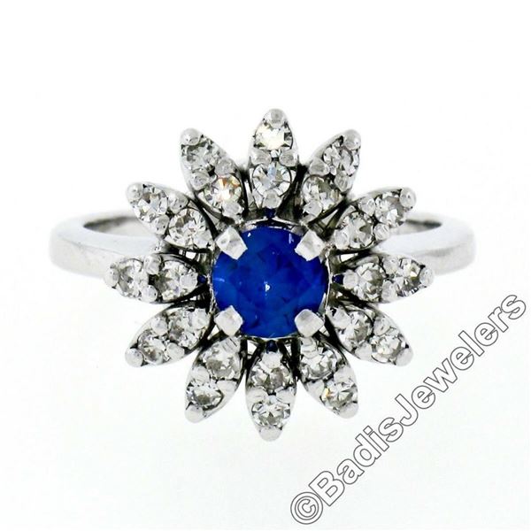 Vintage 14kt White Gold 0.90 ctw Round Sapphire and Diamond Flower Cluster Ring