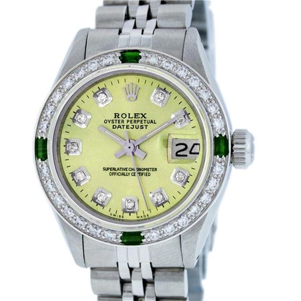 Rolex Ladies Stainless Steel Yellow Diamond & Emerald Oyster Perpetual Datejust