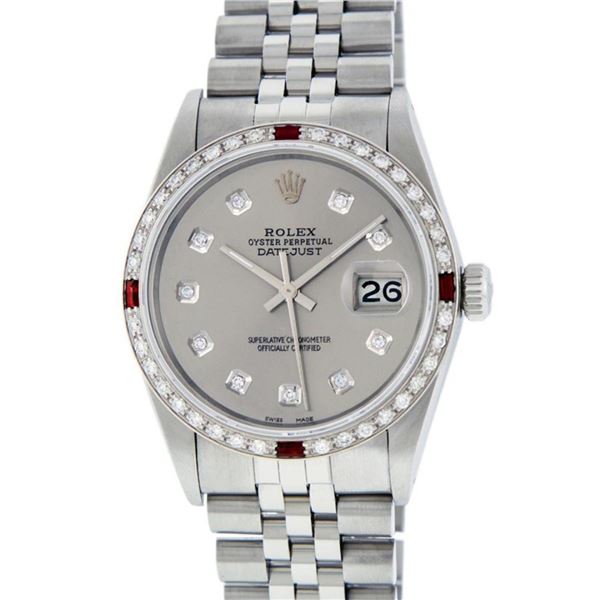 Rolex Mens Stainless Steel Gray Diamond & Ruby Oyster Perpetual Datejust Wristwa