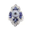 Image 2 : Pearl, Sapphire and Diamond Ring - 14KT White Gold