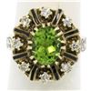 Image 1 : Vintage 14K Yellow Gold 2.43 ctw Oval Peridot Diamond & Black Enamel Halo Ring