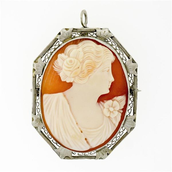 Antique Art Deco 14K White Gold Carved Shell Cameo Open Filigree Brooch Pendant
