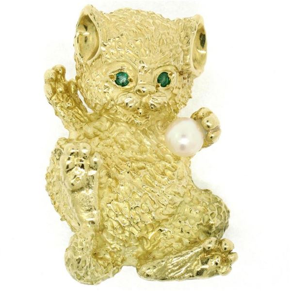 LARGE Detailed Textured 18K Gold Pearl & Emerald Playful Kitten Cat Brooch Pin