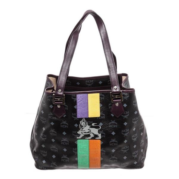 MCM Black Visetos Coated Canvas Lion Shopper Tote Bag