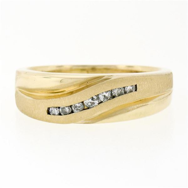 Mens 14k Yellow Gold .18 ctw Round Diamond Wavy Channel Matte & Polished Band Ri