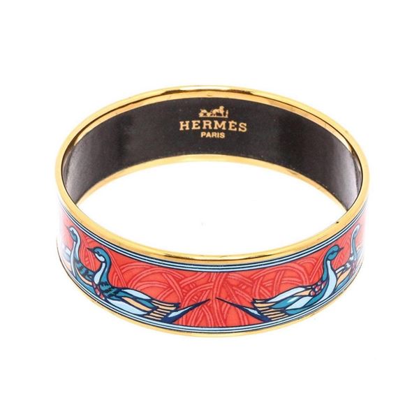 Hermes Orange Multicolor Enamel Gold Plated Duck Bangle Bracelet