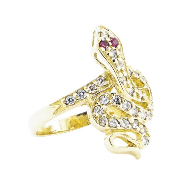 0.70 ctw Ruby and Cubic Zirconia Snake Ring - 14KT Yellow Gold