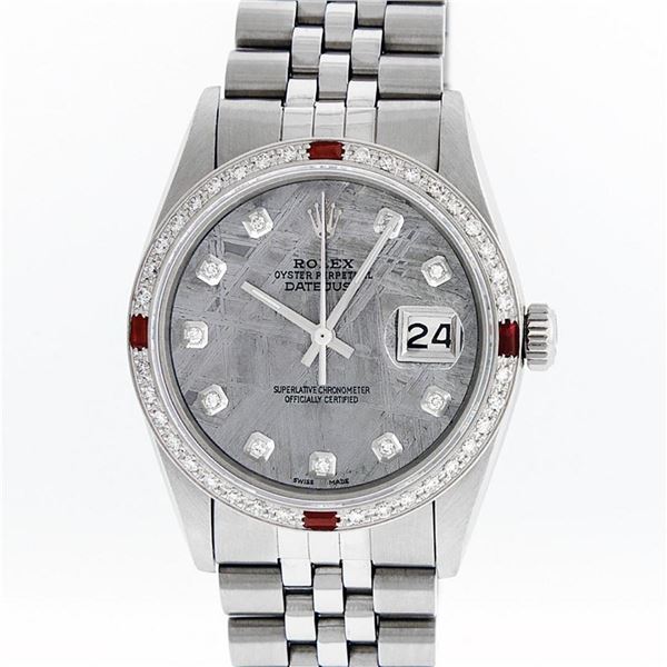 Rolex Mens Stainless Steel Meteorite Diamond And Ruby Datejust Wristwatch 36MM