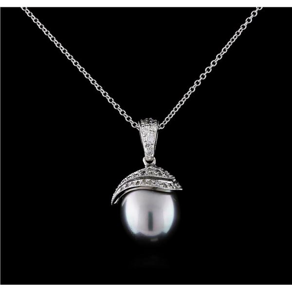 0.33 ctw Pearl and Diamond Pendant With Chain - 14KT White Gold