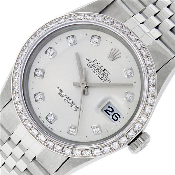Rolex Mens Stainless Steel Silver Diamond 36MM Oyster Perpetual Datejust Wristwa