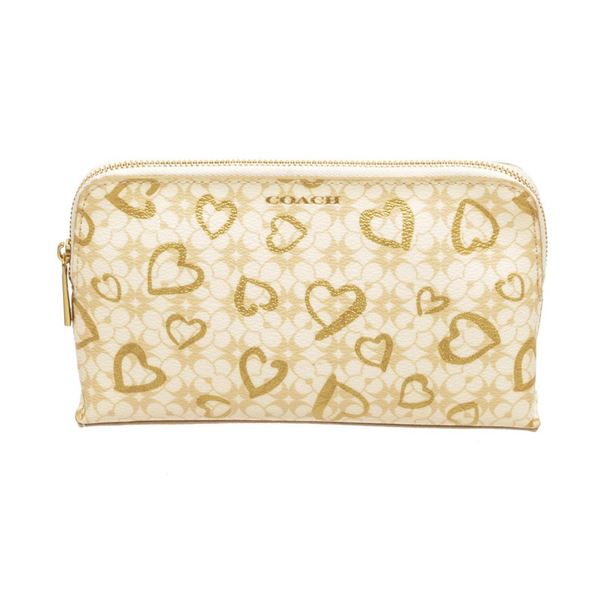 Coach Beige Coated Canvas Hearts Cosmetic Pouch