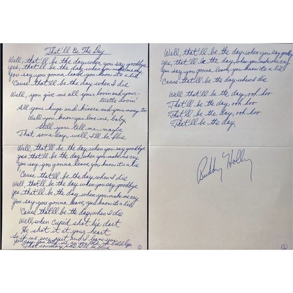 Buddy Holly's "That'll Be The Day" Signed Lyric Sheet