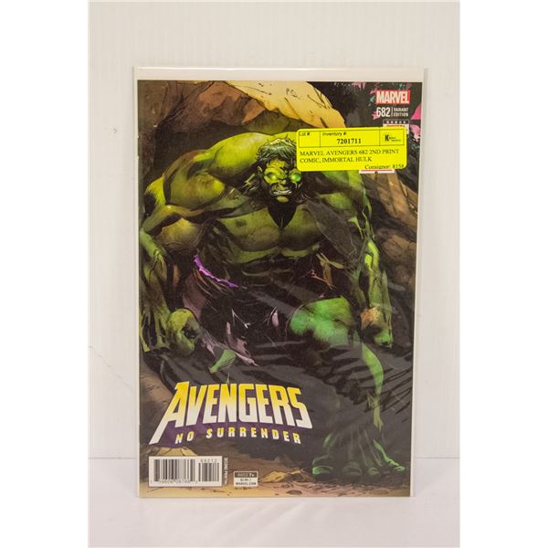 MARVEL AVENGERS 682 2ND PRINT COMIC, IMMORTAL HULK
