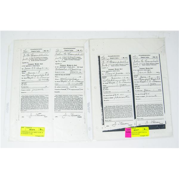 CONFEDERATE PAY SHEET MAY & JUNE 1862 PHOTOCOPY