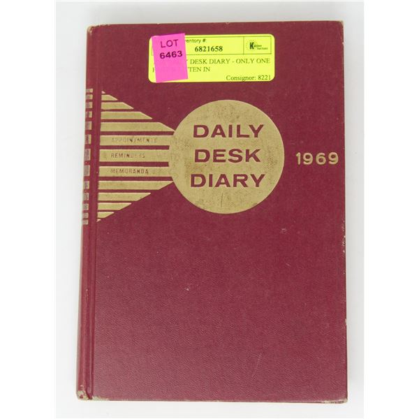 1969 DAILY DESK DIARY - ONLY ONE PAGE WRITTEN IN