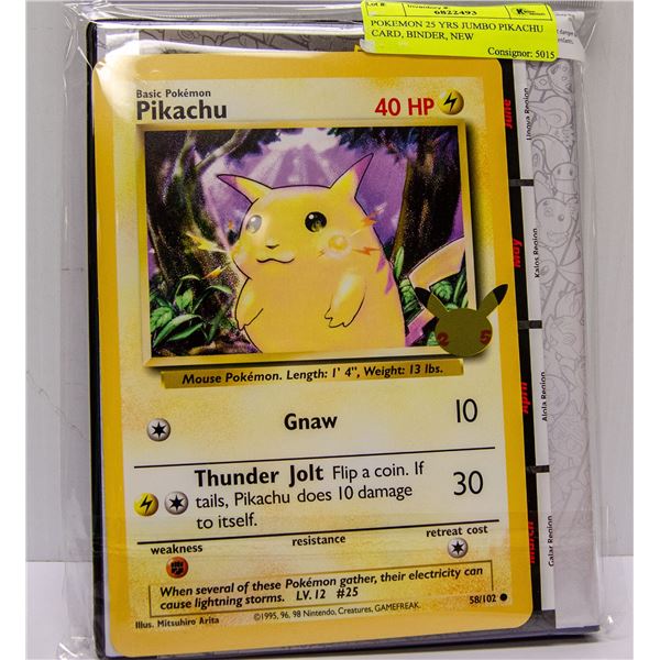POKEMON 25 YRS JUMBO PIKACHU CARD, BINDER, NEW