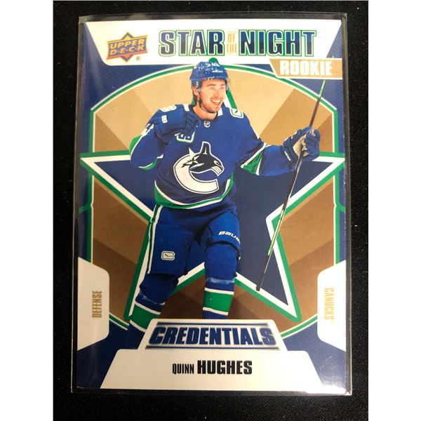 2019-20 UPPER DECK CREDENTIALS QUINN HUGHES STAR OF THE NIGHT CANUCKS ROOKIE