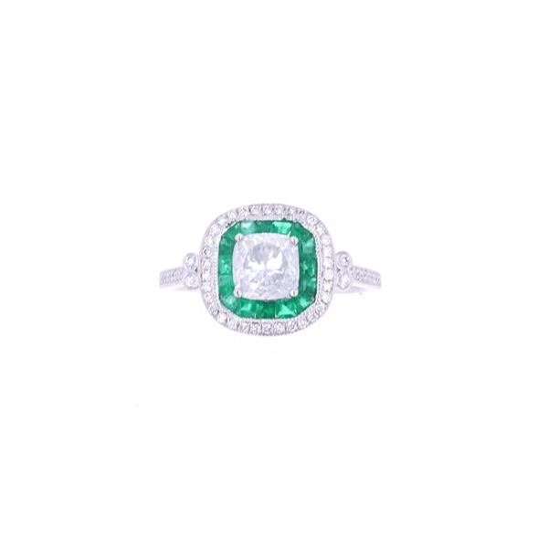 Double Halo Emerald & Diamond Platinum Ring