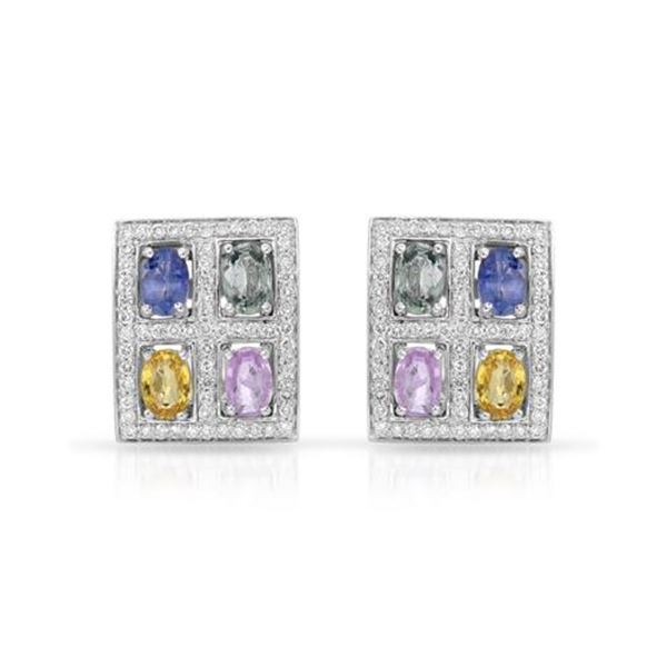 Natural 5.40 CTW Multi-Sapphire & Diamond Earrings W=4MM 14K Gold - REF-164R7K