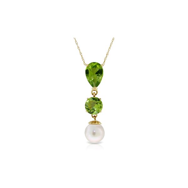 Genuine 5.25 ctw Peridot & Pearl Necklace 14KT Yellow Gold - REF-25W9Y