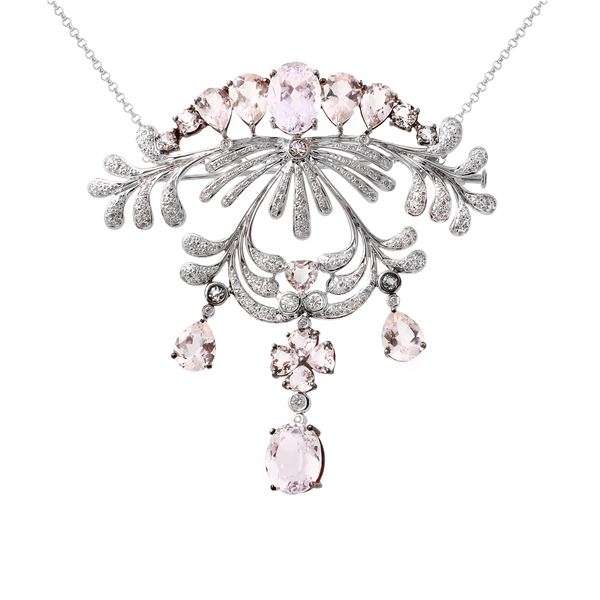 Natural 22.73 CTW Morganite & Diamond Necklace 18K White Gold - REF-404H3W
