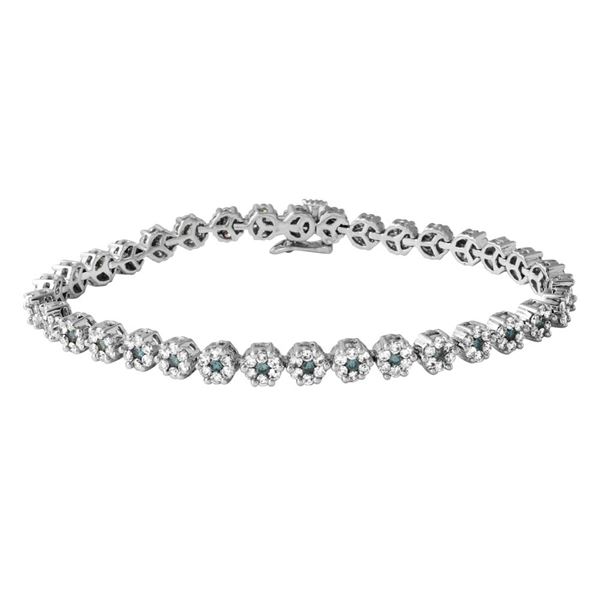Natural 4 CTW Diamond & Blue Round Diamond Bracelet 18K White Gold - REF-291H6W
