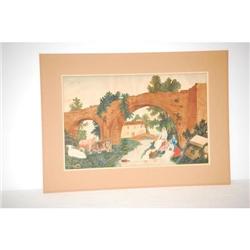 19TH CENT. WATERCOLOR VILLAGE LANDSCAPE W/