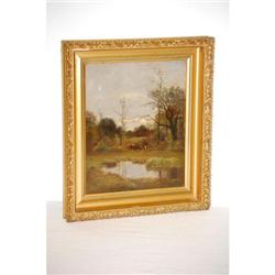 E. HUCKMAN OIL ON ARTIST BOARD OF CATTLE D