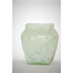 6 1/2" GREEN PHOENIX ART GLASS VASE W/ EMB