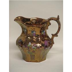 Copper Lustre Pitcher Enamel Floral 5 1/4 in..