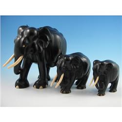 3 Carved Elephants Pre-Ban Ivory Tusks