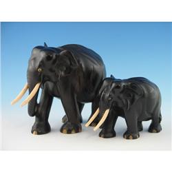 Pair Carved Elephants w Pre-Ban Ivory Tusks