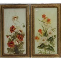 2 Antique Victorian Floral Painting Opaque Glass