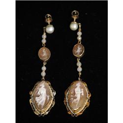 Vintage Cameo Earrings Seed Pearls 3 in.