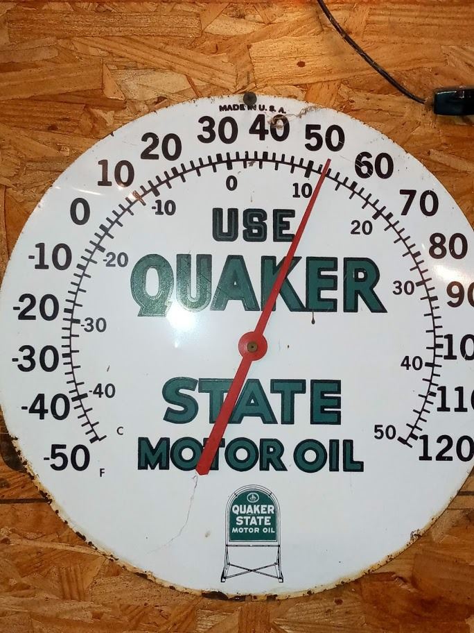12" ANTIQUE PORCELAIN METAL QUAKER STATE OIL THERMOMETER