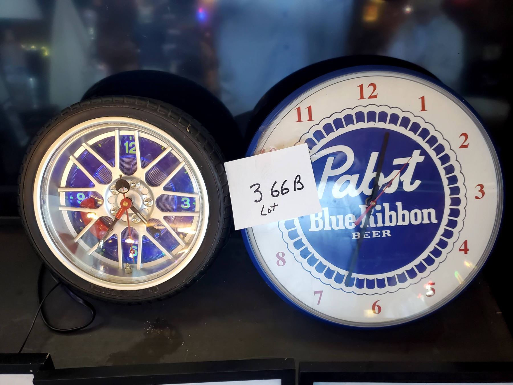 2 Lighted Clocks, Pabst Blue Ribbon, Garage Wall Tire Rim Clock