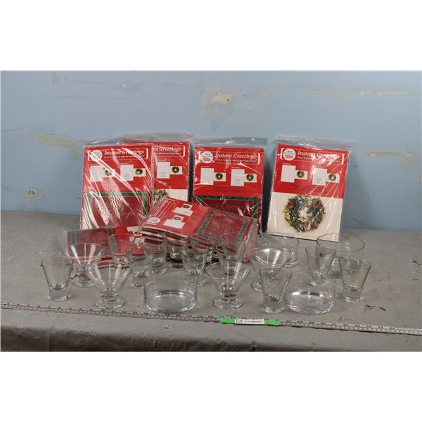 Set of Clear Glass and New Package of Greeting Cards