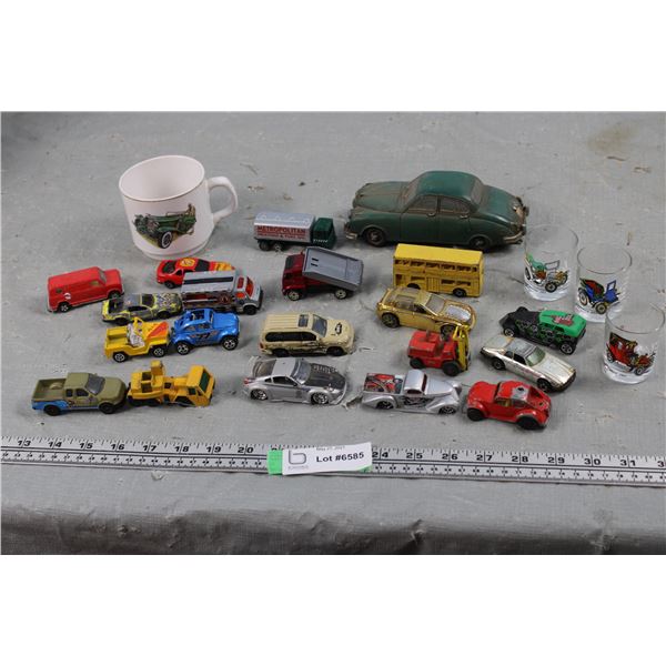 Lot of Hot Wheels Plus Coffee Cups and Shot Glasses With Cars On Them