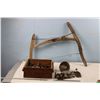Image 1 : Vintage Hack Saw, Vintage Wooden Crate with Castors, Pulley and Etc