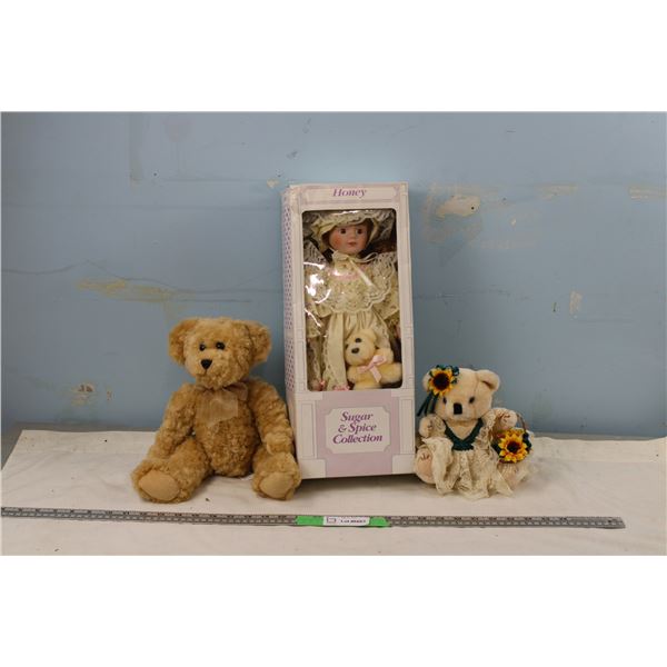 Coop Sugar And Spice Collection 16  Porcelain Doll (NIB) and 2 Stuffed Bears