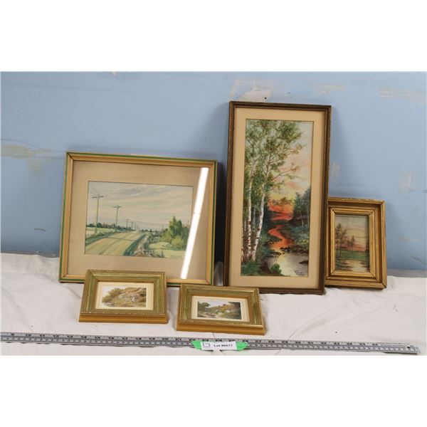 3 Small Pictures in Frames, Plus Two Other Pictures Framed and Signed H Williams Lois Louise Harlow