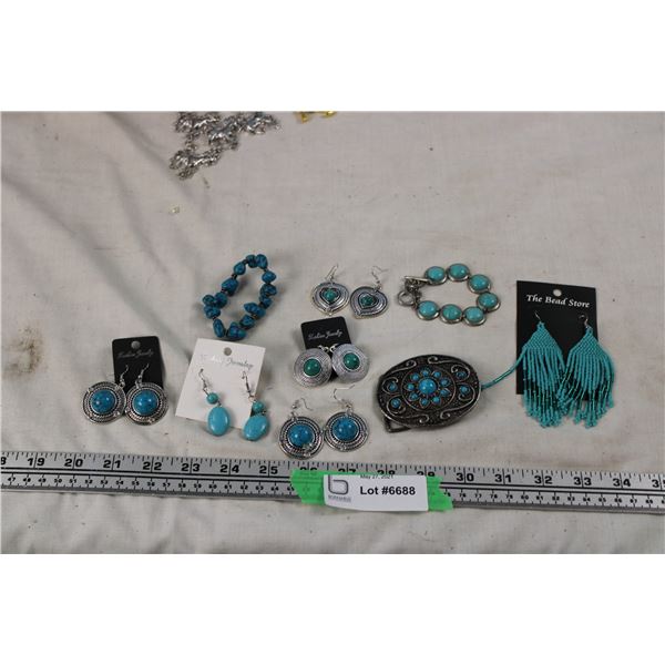 Lot of Blue Fashion Jewelry Plus Belt Buckle