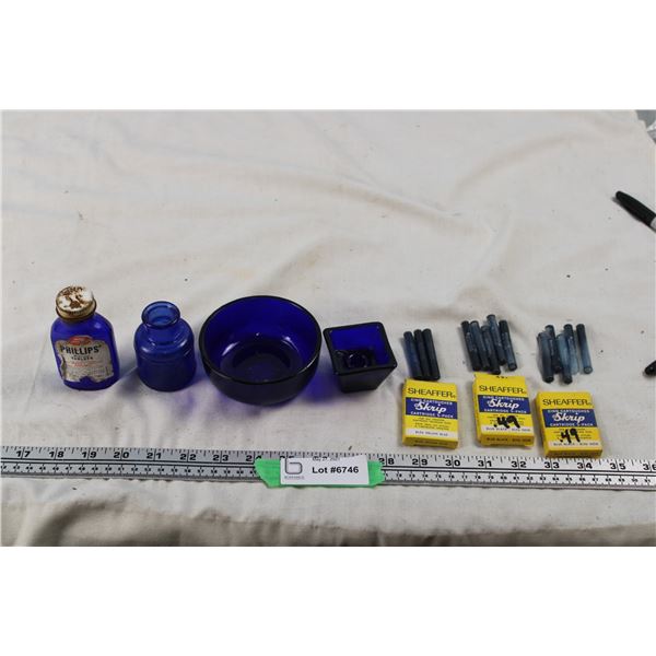 Lot of Cobalt Blue Glass Plus Sheaffer Cartridges