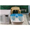 Image 3 : Danby Microwave (Working) Wooden Stool, Foot Bath, and (Pilsner Flag?)