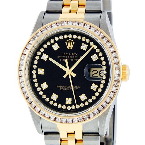 Rolex Mens 2 Tone Black 2.75 ctw Princess Cut Diamond Datejust 36MM Wristwatch