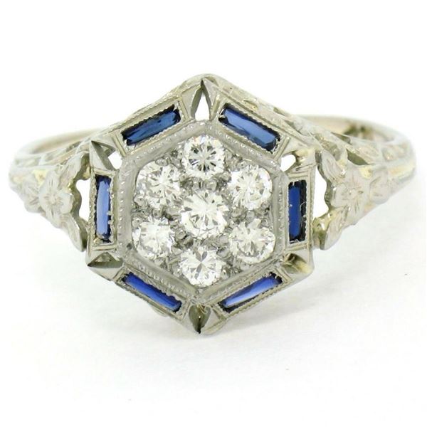 Antique Art Deco 18K White Gold 0.40 ctw Diamond & Sapphire Cluster Filigree Rin